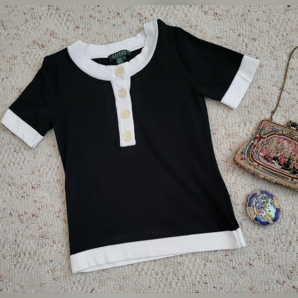 Ralph Lauren knit top Navy and white pearl bottons